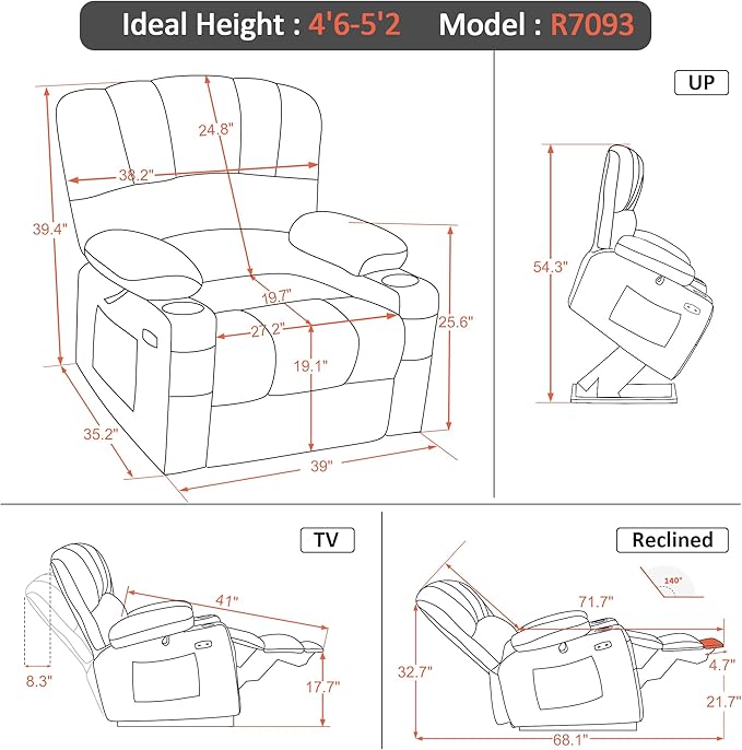 MCombo Small Power Lift Recliner Chair for Elderly, Petite Power Lift Chair with Heat and Massage for Seniors, Cup Holders, USB & Type C Ports, Fabric R7093 (Dark Grey, Small-Wide)