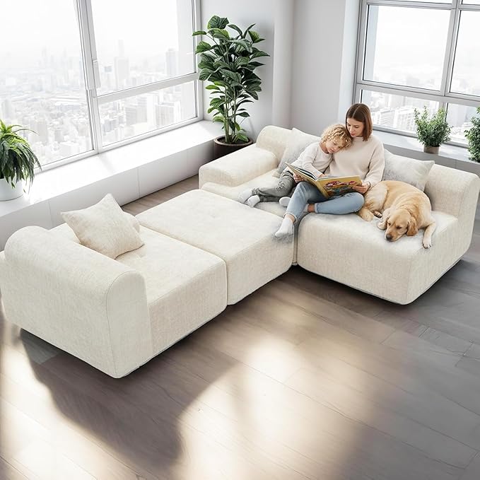 119’’ Modular Compression Sofa, L-Shaped Cloud Sectional Couch with Chaise & Deep Seating, Modern Upholstered Living Room Couch with Removable Pillows, Easy Expand Design, Beige Chenille Fabric