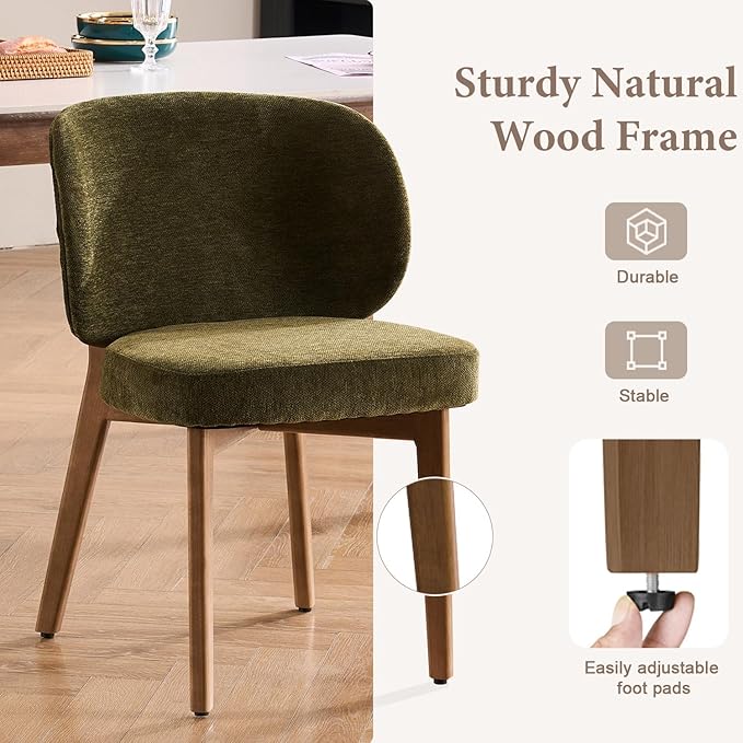 YOUNUOKE Dining Chairs Set of 2, Modern Chenille Fabric Dining Room Chair with Wood Legs, Widen Backrest Upholstered Comfy Armless Side Kitchen Chairs, Green