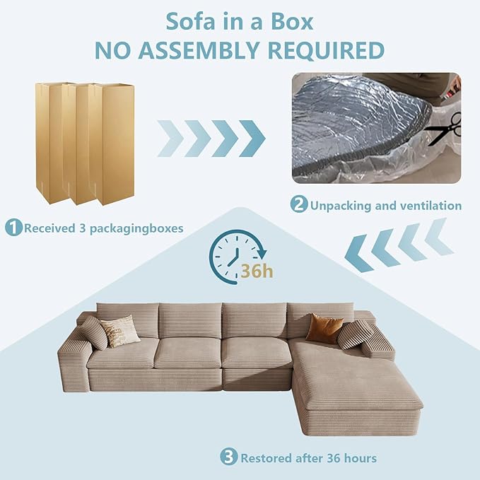 136" Cloud Sectional Couch with L-Shape Chaise, Corduroy Viral Boneless Sofa for Living Room,Modern Memory Foam Couches in a Box with Deep Seat,No Assembly Required (Camel,Right-Facing Chaise)