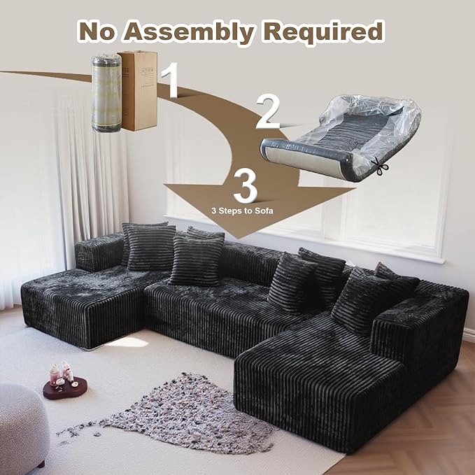 130'' U Shaped Couched for Living Room, Cloud Modular Sectional Couch with 2 Chaise Lounge, Modern Minimalist Upholstered Sofa Sleeper Deep Seat Corner Couch, No Assembly Required Black