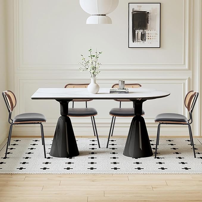 HOCEWI Rattan Dining Chairs Set of 2, Mid Century Modern Dining Chairs with Cane Back for Kitchen Dining Room, 19 Inch Faux Leather Black