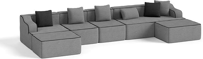 PHI VILLA Cloud Modular Couch, Boneless Sectional Sofa with U-Shaped Chaise, 7-Seater Couches with Movable Ottomans for Living Room, No Assembly Required, Corduroy, Grey