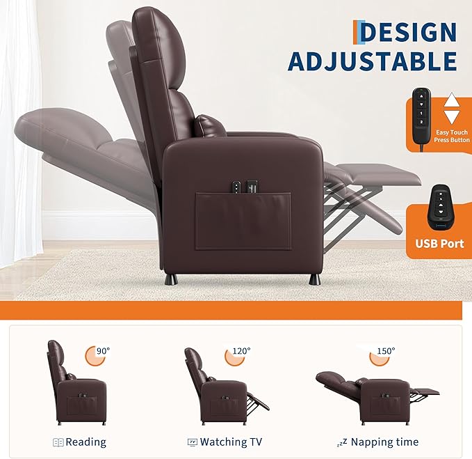 GarveeHome Power Recliner Chair, Adjustable Electric Recliner Ergonomic Overstuffed PU Leather Single Sofa, Tall Back, Padded Seat, 2 Side Pockets and USB Port, Home Theater Seating for Living Room
