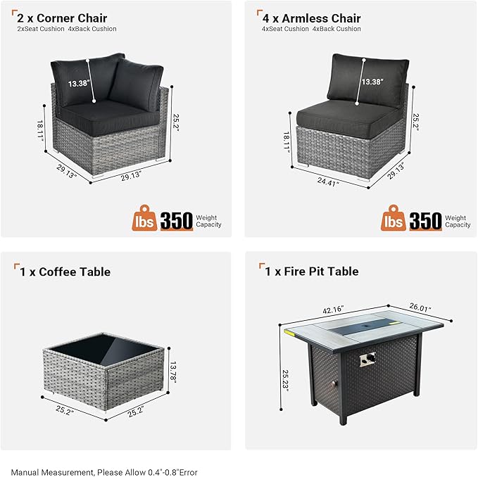 ovios Outdoor 8 Piece Patio Furniture Set with Fire Pit Table,Conversation Sectional Wicker Couch with Coffee Table,Modern Outside Sofa for Balcony Backyard, Black