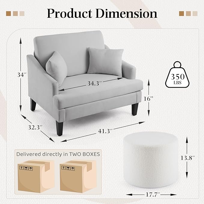 Bezseller Oversized Accent Chair with Ottoman - 33.5'' Wide Seat Comfy Armchair with 2 Pillows, Upholstered Big Reading Chair, Modern Single Sofa Chair for Living Room Bedroom Office, Grey/Beige