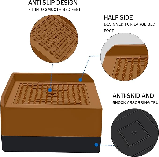 ANNKUT Bed Furniture Risers 1.5 inch, Square Adjustable Risers Blocks for Bed Sofa Table and Couch Lifting，Heavy Duty Support Up to 1,300 Lbs (4 Pack-Brown)