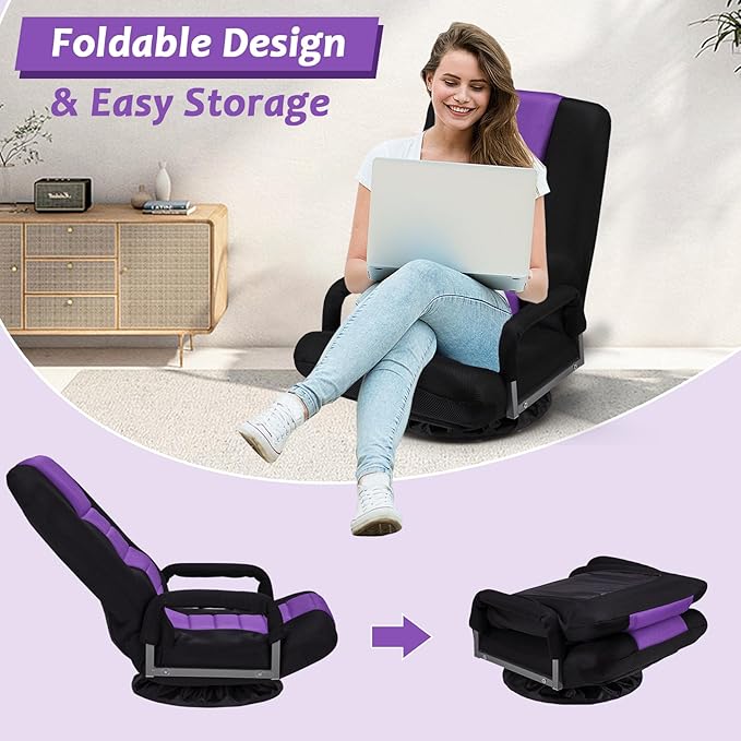 360 Rotating Swivel Gaming Chair w/6 Adjustable Positions Backrest Foldable Floor Chairs Suitable for Reading, Relaxing, Mediation,Purple