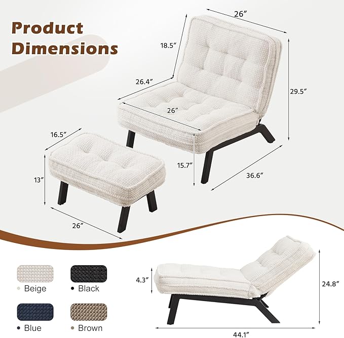 ANJ Accent Chair with Ottoman Adjustable Backrest, Living Room Chair Tufted Upholstered Lounge Chair with Footrest Set, Modern Chair Cozy Reclining Chair for Reading Room Bedroom