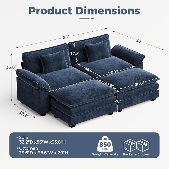 CDCASA 86" Modular Sectional Sofa, Comfy Cloud Couch with 2 Movable Ottoman, 4-Seater Chenille Deep Seat Sofa Bed Modern Sofa Couch for Living Room, DIY Combination, Blue