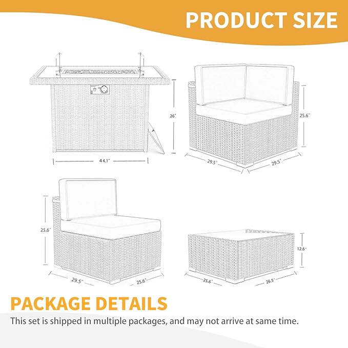 LayinSun 15 Pieces Patio Furniture Set with Fire Pit Table, Black Rattan Modular Sectional Patio Conversation Sofa Set