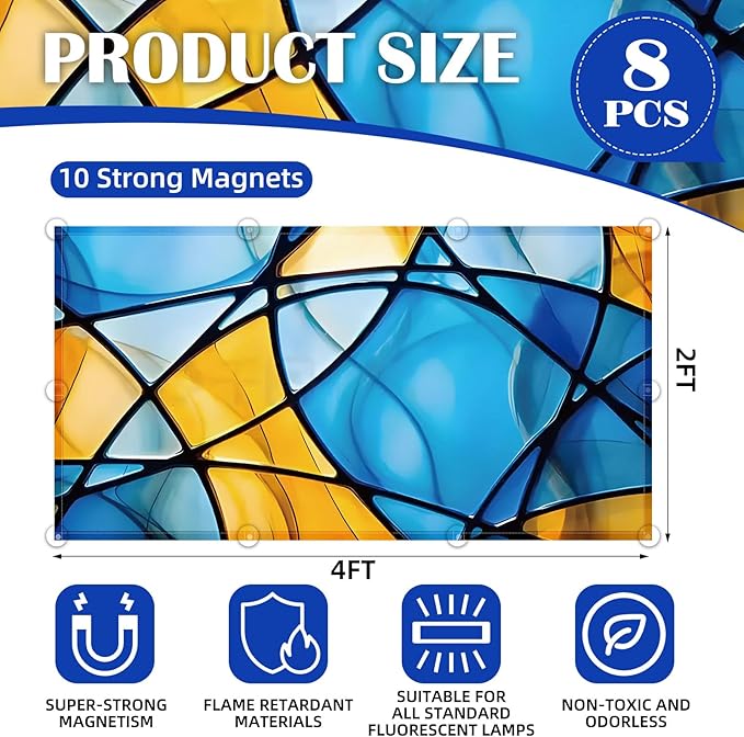 8 Pcs Fluorescent Light Covers - 4 x 2 Feet Covers for Ceiling Lights, Magnetic Light Filters for Classroom, Office, Hospitals, Home (Colorful Art)