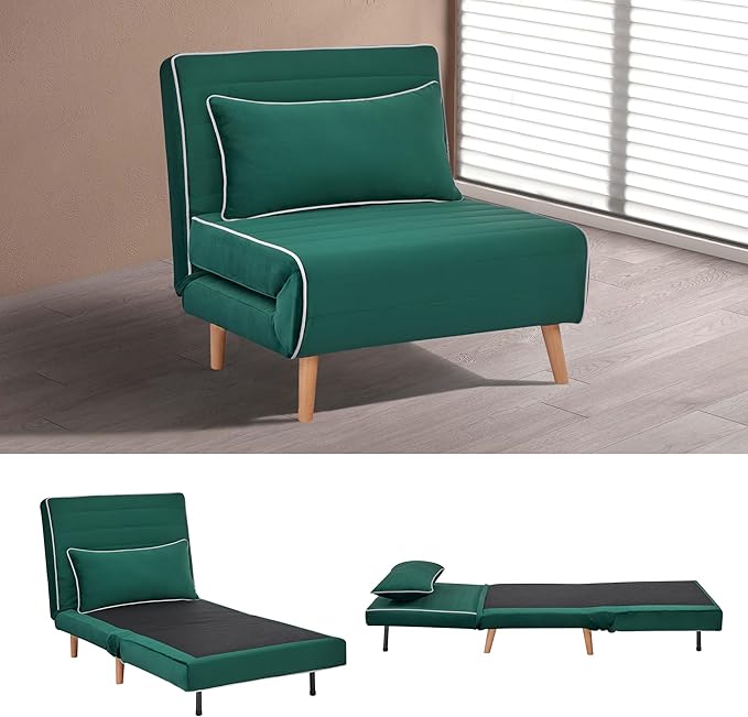 CITTANEO 32" Convertible Sleeper Chair, 3-in-1 Folding Sleeper Chair with Pillow, 3-Position Adjustable Backrest for Living Room, Bedroom, Office, Green