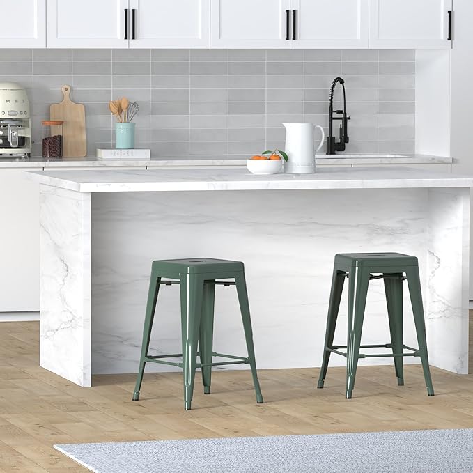 Vogue Furniture Direct 24 Inch Metal Bar Stools, Backless Counter Height Barstools, Indoor Outdoor Stackable Stools with Square Seat, Set of 2 (Dark Green)