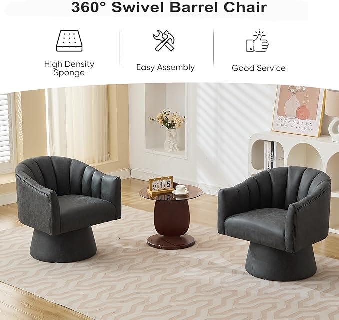 Swivel Accent Chair, Faux Leather 360° Swivel Barrel Chair Upholstered Modern Living Room Chair, Overstuffed Reading Armchair for Bedroom,Vanity,Office-Black