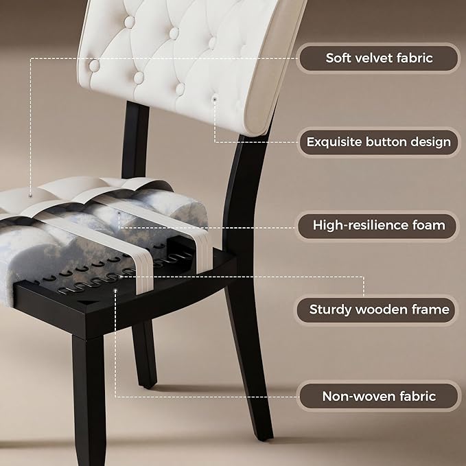 UVV Upholstered Dining Chairs Set of 6, Mid Century Modern Tufted Kitchen Chairs Dining Room Chairs, Velvet Dinner Chair with Wood Legs for Dining Room Kitchen, Beige-Black Legs