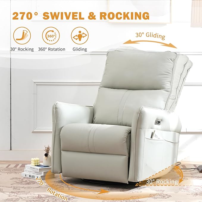 QKFF Power Swivel Rocker Recliner Chair for Nursery, Upholstered 270° Swivel Glider Rocker Chair with USB Ports, Small Power Recliners for Small Spaces Living Room (Light Grey)