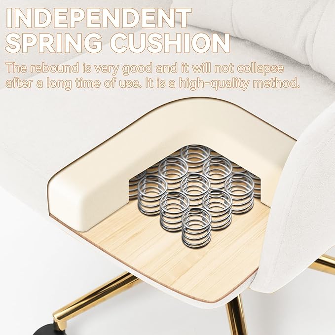 BALIAA Flannel Office Chair Vanity Chair Comfy Home Office Desk Chairs with Lumbar Support, Modern Plush Fabric Desk Gold Legs Swivel Task for Home Office Bedroom Study White Upgraded Version