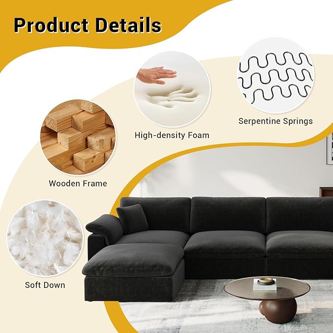 Cloud Modular Couch for Living Room,U Shape Linen Blend Sofas,Modern Deep Seat Cloud Sofas,Convertible Comfort Down Filled Sectional Couches,Removable Washable Cushion Covers,Black