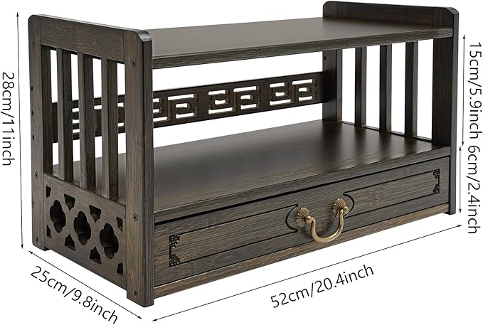 Low 3-Tier Meditation Table with Drawer,Bamboo Altar Tables,Puja Desks,Tatami Desk,20.4”W,Walnut Color