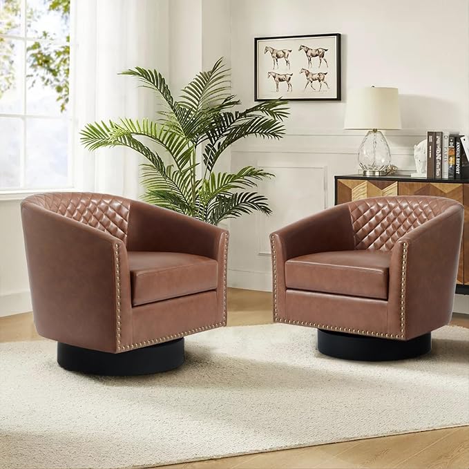 DREAMSIDEA Swivel Barrel Accent Chair, Comfy Modern Upholstered Round Faux Leather Arm Chair for Living Room, Bedroom（Brown, Set of 1
