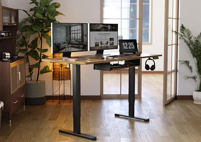YDN Standing Desk with Keyboard Tray, 55 Inch Height Adjustable Desk, Brown Stand Up Desks for Home and Office, 55inch Rustic Brown