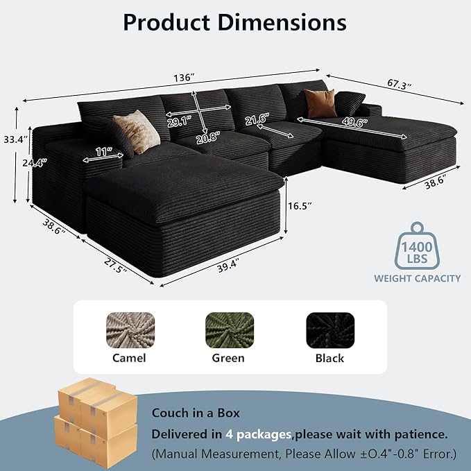 136" Cloud Sectional Couch with U-Shaped Chaise,Corduroy Viral Boneless Sofa with Ottoman,Memory Foam Couches in a Box with Deep Seat for Living Room,No Assembly Required (Black,Right-Facing Chaise)
