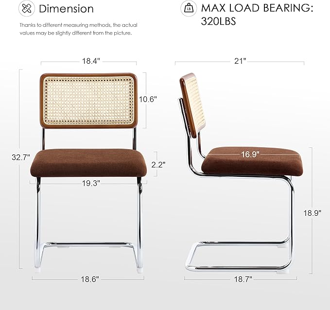 Zesthouse Rattan Dining Chairs Set of 2, Mid Century Modern Dining Room Chairs with Natural Cane Mesh & Chrome Base, Brown Cesca Chair for Kitchen, Breuer Design Inspired, Upholstered Chenille Fabric