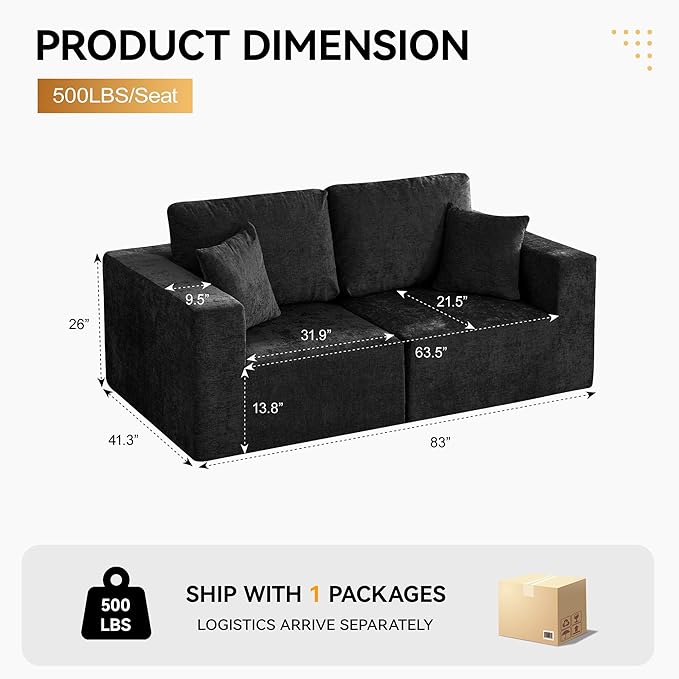 83'' Boneless Loveseat Sofa, Comfy Deep Seat Sectional Cloud Couch, No Assembly Chenille Love Seat for Living Room, Black