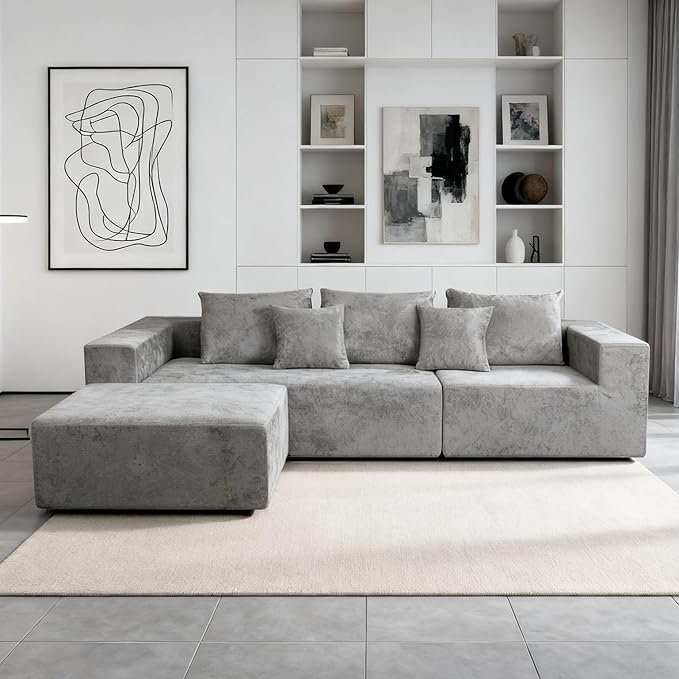 Sytopia 109" L-Shaped Cloud Couch, Boneless Modular Sectional Sofa with Deep Seat for Living Room Bedroom, Modern Floor Couch Chenille, Comfy Sleeper Futon Sofa Bed 40D Foam Furniture, Left Facing