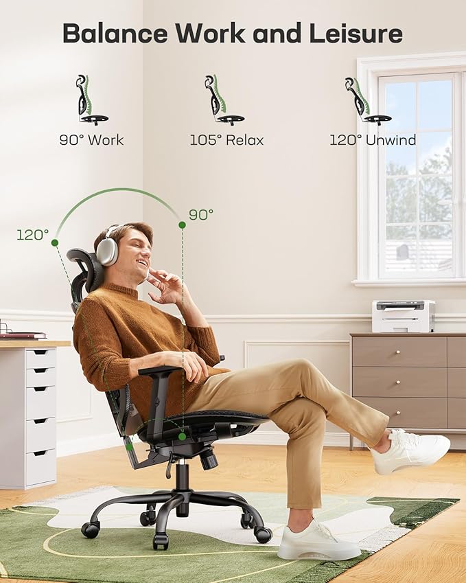 Marsail Ergonomic Mesh Office Chair,Ergonomic Desk Chair with 2D Headrest,Adjustable Lumbar Support & Up and Down Armrest