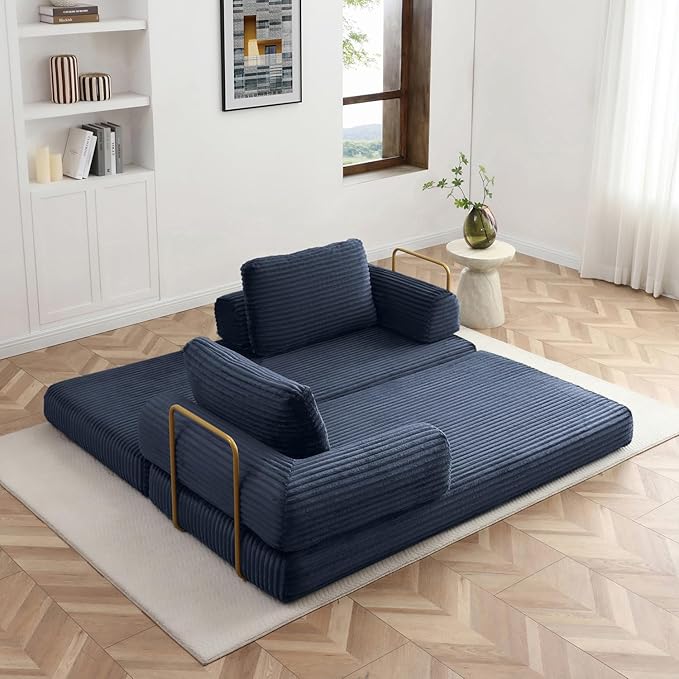 HANXIN 80 Inch Convertible Sleeper Sofa Bed, High Back Plush Corduroy Folding Floor Mattress Couch with Fixed-Shape Frame, Boneless Futon Loveseat with Pull Out Bed, No Assembly Required (Blue)