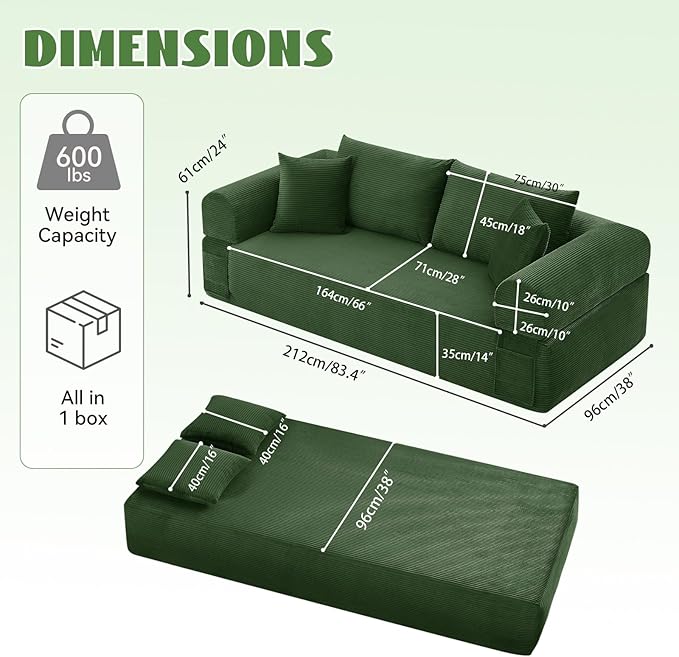 83" Sofa in a Box, 3 Seater Couch No Assembly Boneless Sofa Bed with Cushion Back 2 Matching Pillows Deep Seat Corduroy Fabric Side Storage Pockets for Living Room, Bedroom, Apartment, Office, Green