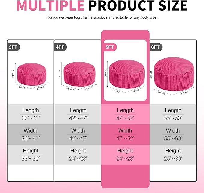 Homguava 5 FT Bean Bag Chair,5' Big Bean Bag,Giant Bean Bag Chairs for Adults with Memory Foam Filled,Comfy Large Beanbag Chairs Soft Bean Bag Sofa with Dutch Corded Plush Cover-Pink