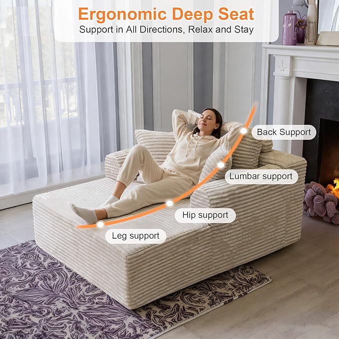 Oversized Chaise Lounge Chair Indoor, Upholstered Single 61'' Round Arm Boneless Cloud Sofa Bed Sleeper Couch, No Assembly Faux Rabbit Fur Memory Foam Reading Chair for Living Room Bedroom Beige