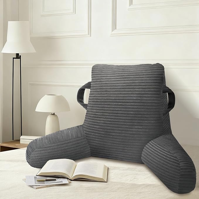 ABROLOY Reading Pillow for Sitting in Bed Adult, Bed Reading Pillow with Shredded Memory Foam, Back Pillow for Sitting with Arms and Pockets, Gery