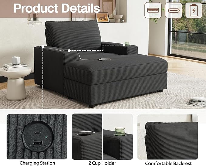 Merax 42.8" Oversized Chaise Lounge Chair with Storage Ottoman,Corduroy Sofa Bed with Cup Holders,USB Charging Port,Upholstered Sleeper Chair,Deep - Seat Reading Couch for Living Room,Bedroom,Grey