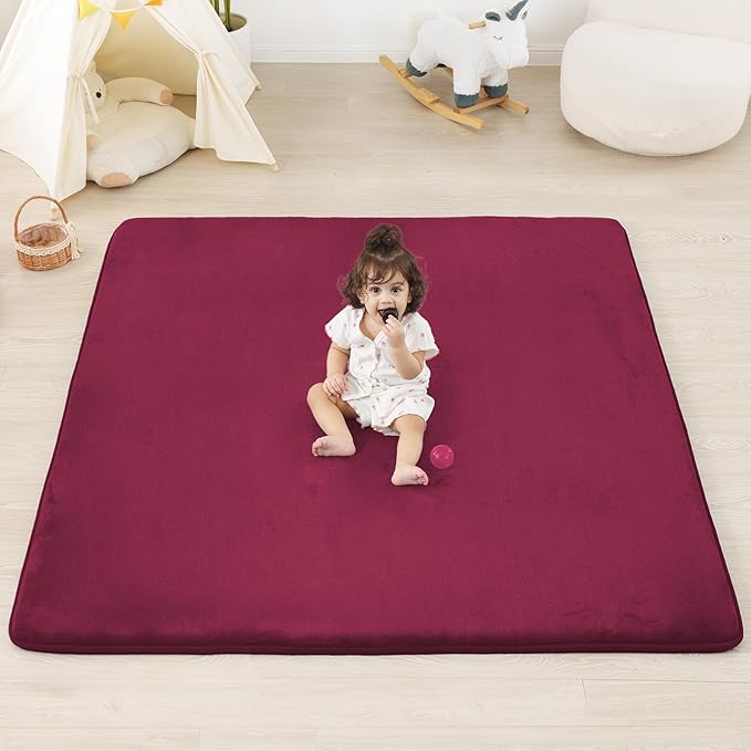 PAPAMAT 1.3" Thick Baby Floor Play Mat 50x50, Basic Padded Foam Mat for Tummy Time Crawling, Non Slip Cushioned for Babies Toddlers Infants Kids (Burgundy)