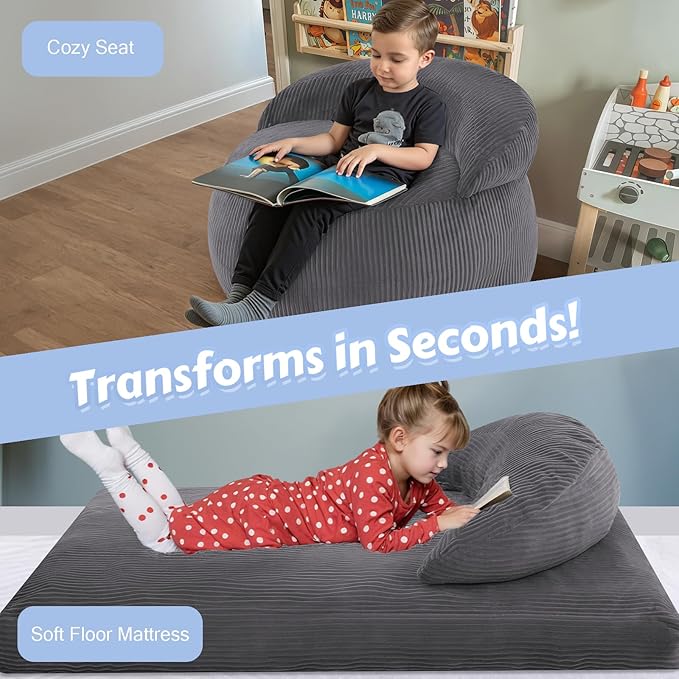 COMAX Bean Bag Chair for Kids, Convertible Toddler Beanbag Bed Corduroy, Children Bean Chair Stuffed to Floor Mattress with Filler, Grey
