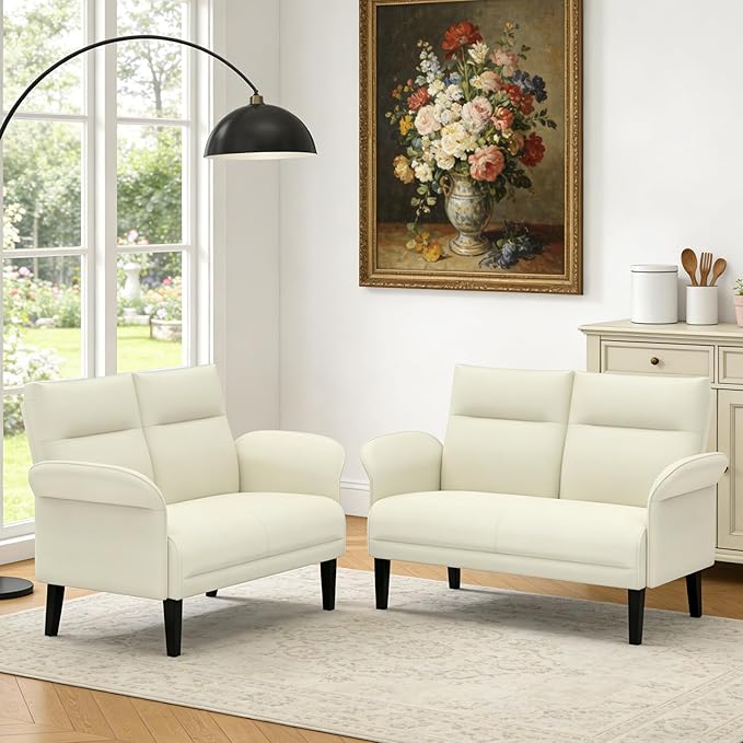 Faux Leather Loveseat with Wide Armrests, Symmetrical Shawl Arm 2-Seater Sofa, Upholstered Modern Loveseat with Wooden Legs for Small Living Room, Apartment, Beige