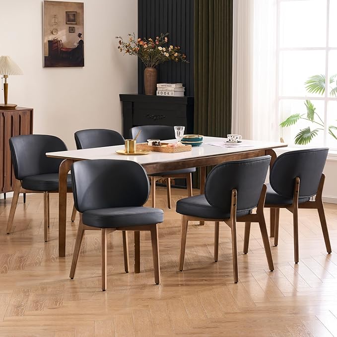 YOUNUOKE Upholstered Dining Chairs Set of 6, Modern PU Leather Dining Room Chair with Soild Wood Legs, Widen Backrest Comfy Armless Side Kitchen Chairs, Black