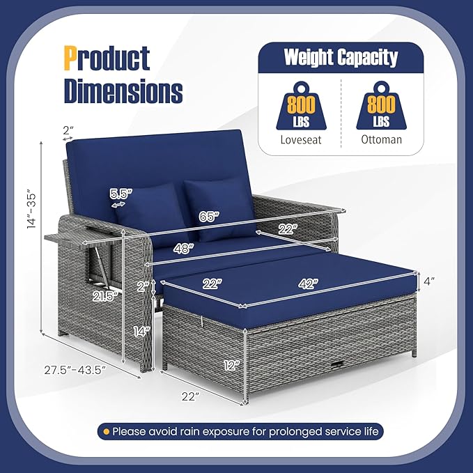 RELAX4LIFE Wicker Patio Outdoor Daybed - Rattan Day Bed Lounger with Loveseat & Storage Ottoman, Sunbed Sofa Set w/Cushions, 4-Level Adjustable Backrest & 2 Retractable Trays, Patio Daybed (Navy-Grey)