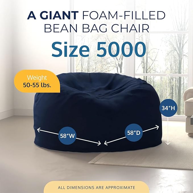 ULTIMATE SACK 5000 5-Foot Bean Bag Chair, Navy Suede Cover – Oversized Foam Lounger, Floor Seat, Small Sofa, or Couch Bed for Living Area, Gaming Room, or Reading Lounge