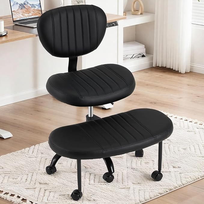 HOMHUM Ergonomic 360 Swivel Cross Legged Chair, Adjustable Height Active Sitting Chair with Lumbar Support, Multifunctional Wheeled Meditation Floor Chair for Gaming, Yoga, Black
