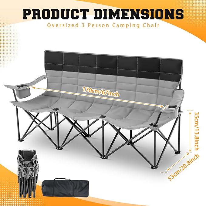 Lowdown 3 Person Camping Chairs, Oversized 771 Lbs Sturdy Camping Couch Chair Portable Fully Padded Folding Loveseat Sofa for Campsites, Festivals, Concerts, Tailgates, Soccer Games