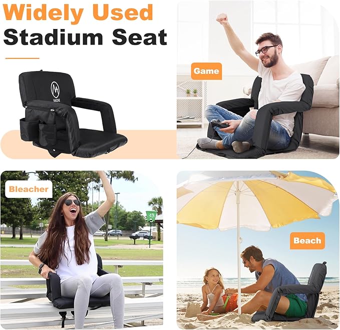 nalone Folding Stadium Seat Set of 2, 25 inch Extra Wide Stadium Chairs for Bleachers Stadium Seat Bleacher Chairs Portable with Back Supports Thick Padded Cushion Armrests Reclining (Blue)