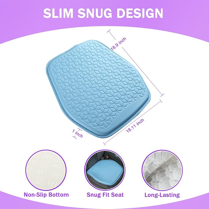 Binsheo Thin Gel Seat Cushion for Car Seat, Office Chair, Wheelchair, Golf Cart - Non-Slip Car Seat Cushions with 0.7 Inch Gel - Sciatica & Coccyx Pain Relief (Leather, Blue)