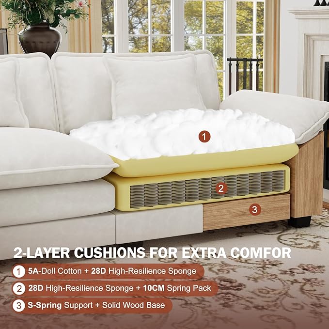 CDCASA 120" Oversized Modular Sectional Sofa Bed, Comfy Cloud Couch w/ 3 Movable Ottoman, 6-Seater Velvet Deep Seat Sofa Bed Modern Sofa Couch for Living Room, DIY Combination, Beige
