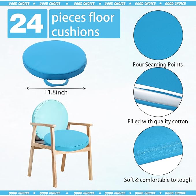 Huwena 24 Pack Floor Cushions 12x12inch Classroom Floor Seating Pillows Bulk Kids Flexible Cushion with Handles for Home School Kindergarten Daycare Nursery(Blue and Green,Round)