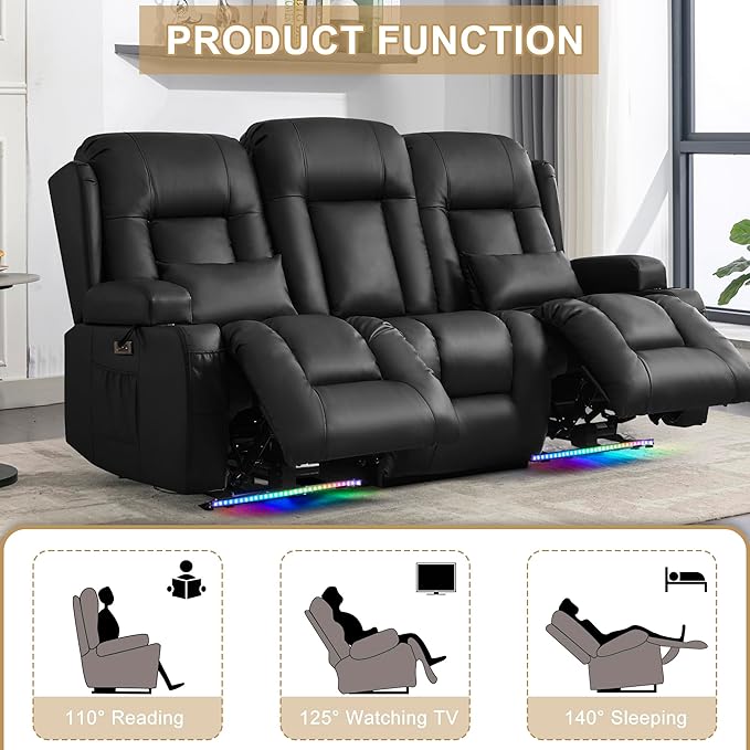 URRED Loveseat Recliner Sofa with Massage and Heat, Flip Middle Backrest Design 3 Seat Power Reclining RV Sofa Couch, Home Theater Seating with LED Lights, USB Ports, Outlets, Faux Leather, Black